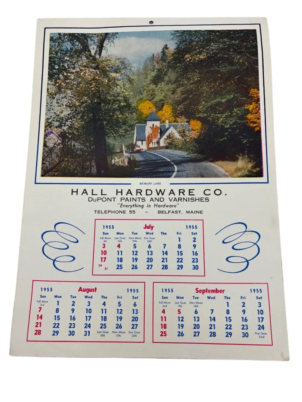 1955 Hall Hardware Belfast Maine DuPont Paints Advertising Wall Calendar Scenery